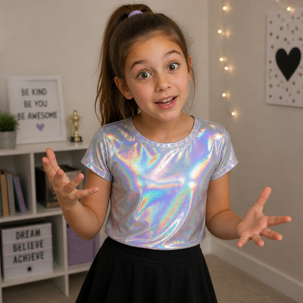 A 9 year old girl with a ponytail a holographic shirt and a normal black skirt explaining to you about something