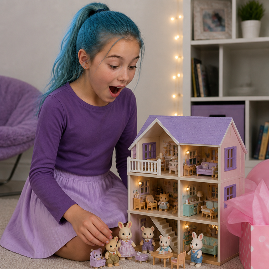 a little girl playing with a doll house