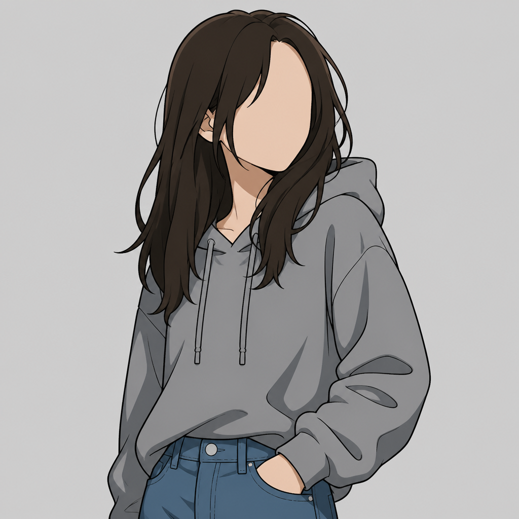 A girl standing wearing a grey hoodie and wearing a blue jean with no face only the upper part of the body