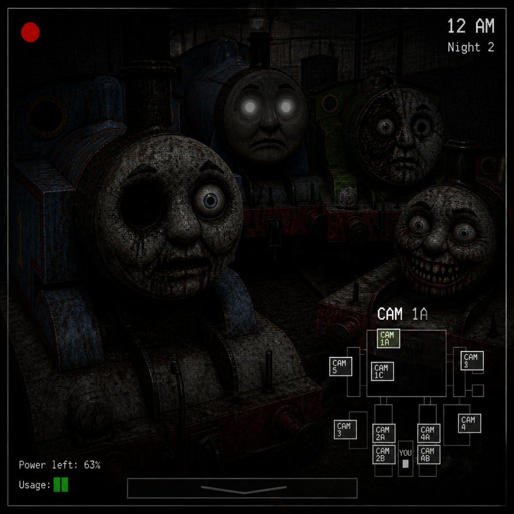 Five nights at Thomas 2 game game gameplay you have enemies it’s Thomas the Tank engine Gordon, the four blue tender engine, Percy the number six green, saddle tank engine and James the number five red tender engine are on the stage cam 1A