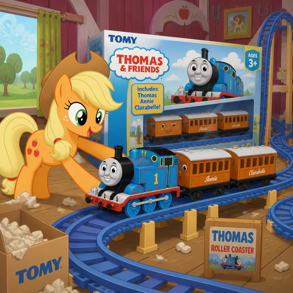 Applejack from My Little Pony is unboxing the giant tomy Thomas the Tank Engine with Annie and Clarabelle toy and she put toy, Tomy Thomas with Annie and Clarabelle onto giant toy tomy roller coaster tracks so she can drive