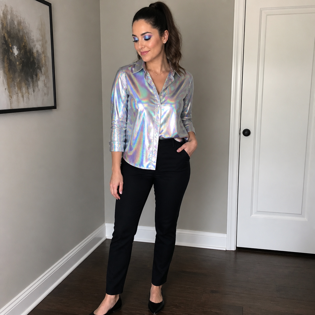 A 33 year old woman with blue and purple shiny eyeshadow and a ponytail a holographic shirt with normal pants and normal shoes