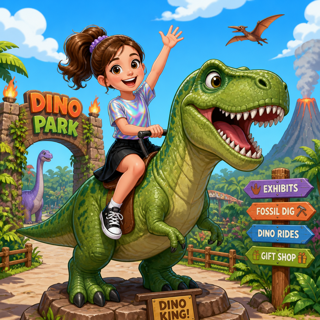 A 9 year old girl with a ponytail a holographic shirt and a normal black skirt in a dinosaur park her riding a dinosaur statue