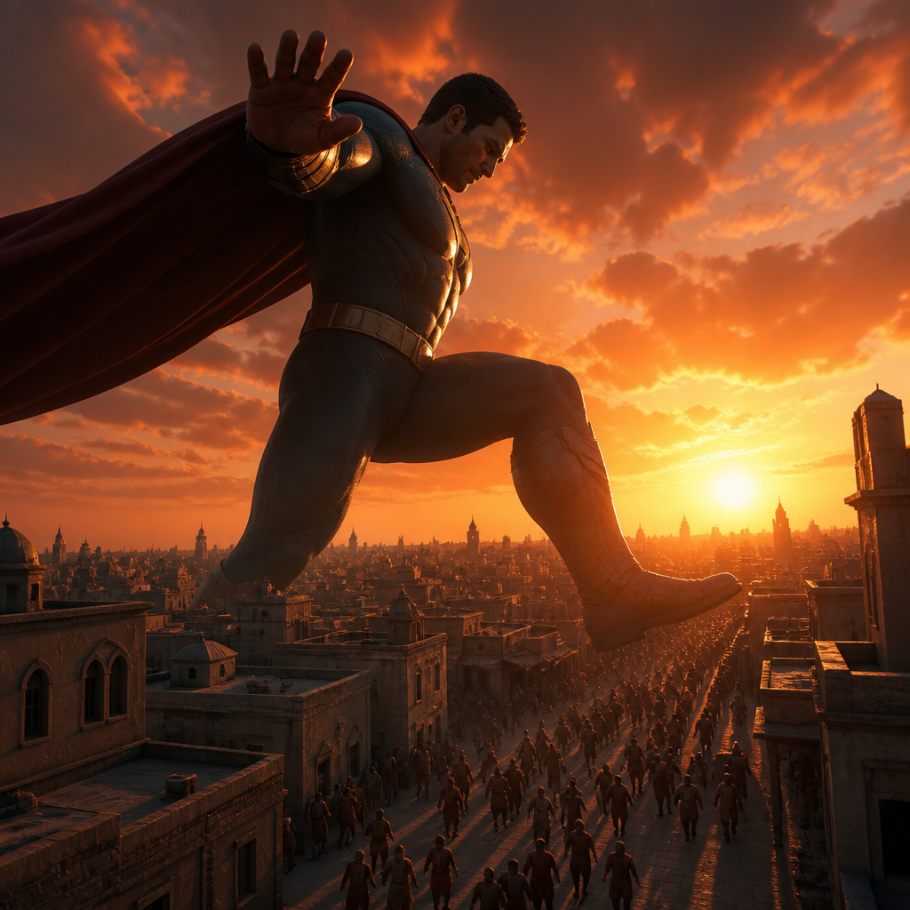 A giant-sized hero stepping over rooftops to shield fleeing crowds, casting a long shadow under a fiery orange sunset