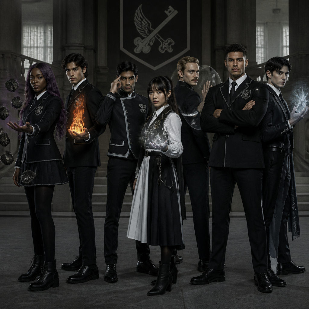 Je veux uen academy à la umbrella academy avec différentes personnes qui sont adultes une sorte d’equipe qui ont le meme uniforme ou du moin les meme couleur de vetement , jupe et pantalon ect , ils ont tous 30 ans d’abbord une femme noir cheveux long violet , elle a le pouvoir de la gravitation blanche, un homme blanc, cheveux noir, un peu bronzer en mode latino white qui contrôle le feu, un homme indien qui controle les pensées, une femme asiatique qui se multiplie, un homme blanc blond moustache , capable de devenir invisible et des champs de force, ils sont tous elegant et classe, un homme metisse musclé et grand qui a une force surhumaineet un homme avec un air russe qui controle la glace cheveux noir yeux claire et pas de barbe un peu maigre , je veux vraiment un style hyper Umbrella Academy, genre jupe, col, roulé, modèle entrant, mais chacun a son style, je fais un truc élégant, distingué et sombre, pas des matières flashy, comme du caoutchouc et je veux que les couleurs principales détenus soient gris, noir, blanc et u Ils ont tous une sorte de logos emblème à toi de choisir l’emblème, je voudrais bien que ce soit un mélange de deux objets ou d’un animal et d’un objet quelque chose d’élégant avec sur le côté du costume, certains ont un costard et d’autres non