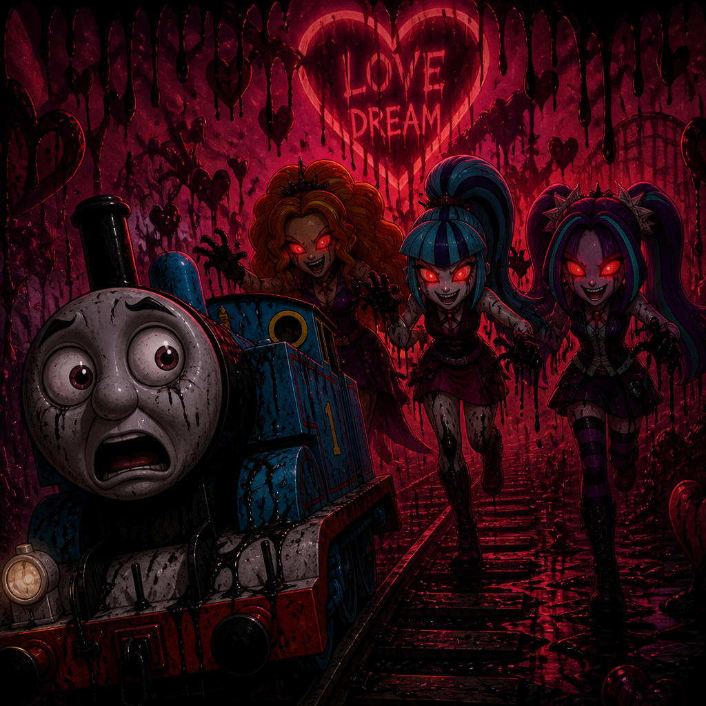 Thomas was shocked because he was Chase by crazy fan my Little Pony Equestria, girls, characters, villains, girls are adagio aria and sonata on the Love Dream background