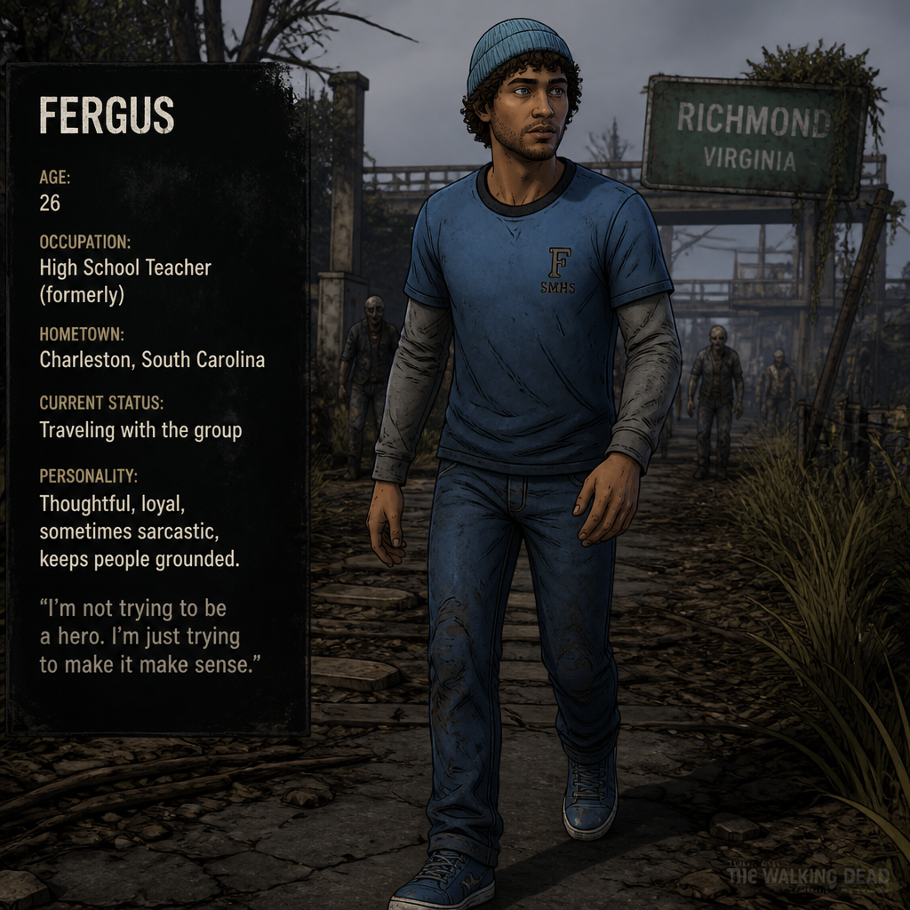 Fergus in the walking dead games he have blue eyes and Curly hair and cyan beanie and blue t-shirts and gray sleeves and blue pants and blue shoes and he is caucasian African American and his age is 26