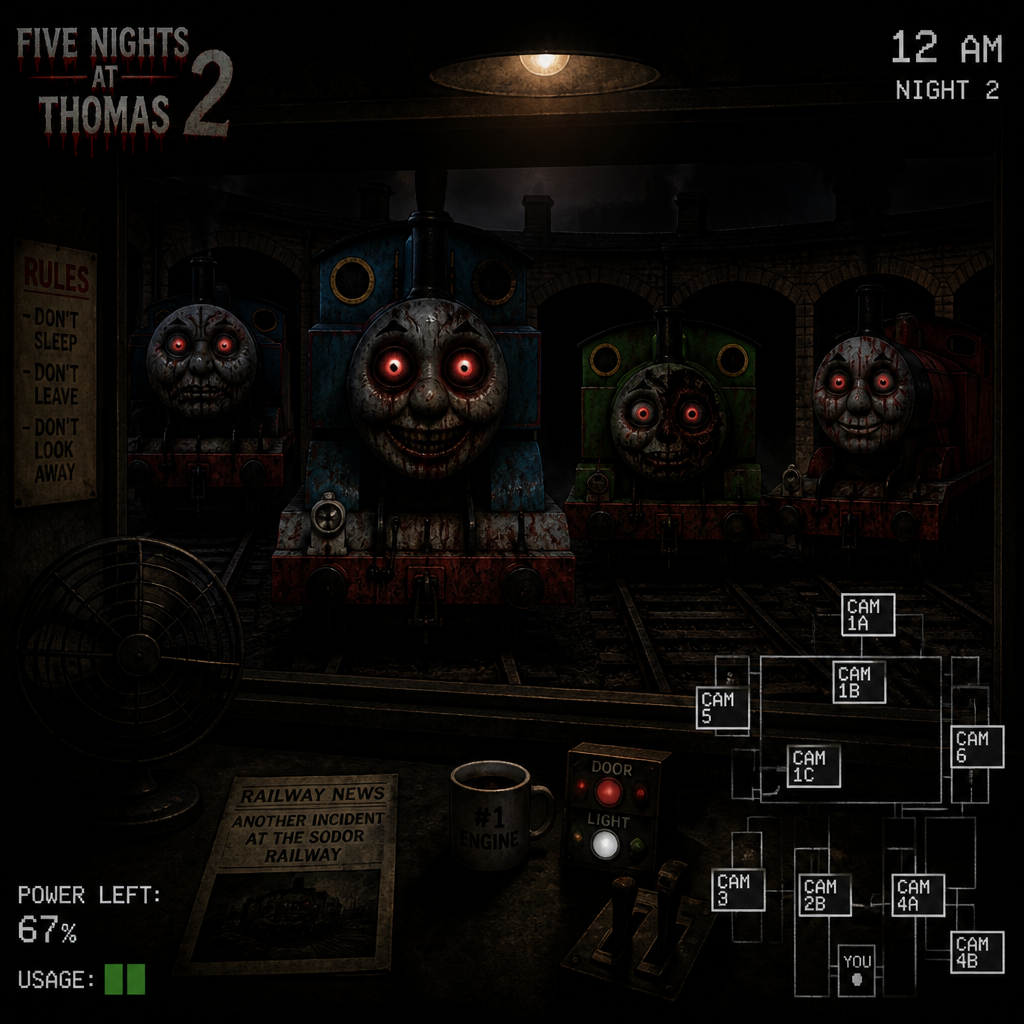 Five nights at Thomas 2 game game gameplay you have enemies it’s Thomas the Tank engine Gordon, the four blue tender engine, Percy the number six green, saddle tank engine and James the number five red tender engine