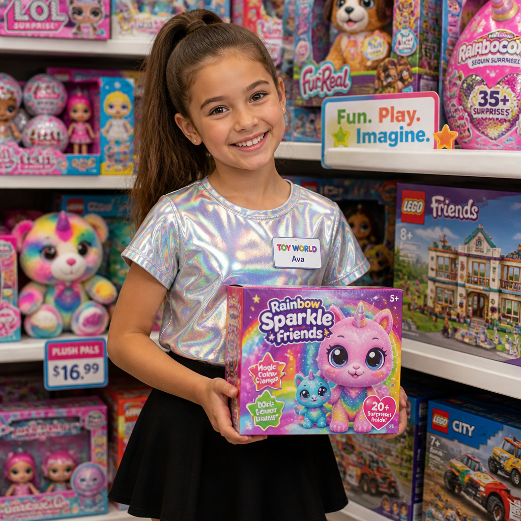 A 9 year old girl with a ponytail a holographic shirt and a normal black skirt as a toy employee