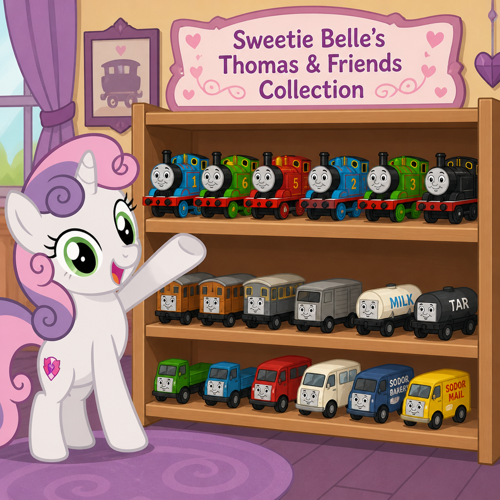 Sweet Belle from My Little Pony hav got all the steam engines, diesel engines, narrow gauge engines, miniature engines Thomas & Friends characters Collection on the first shelf and the trucks, tankers vans flatbeds coaches and brake vans Thomas & Friends rolling stock characters on the second shelf