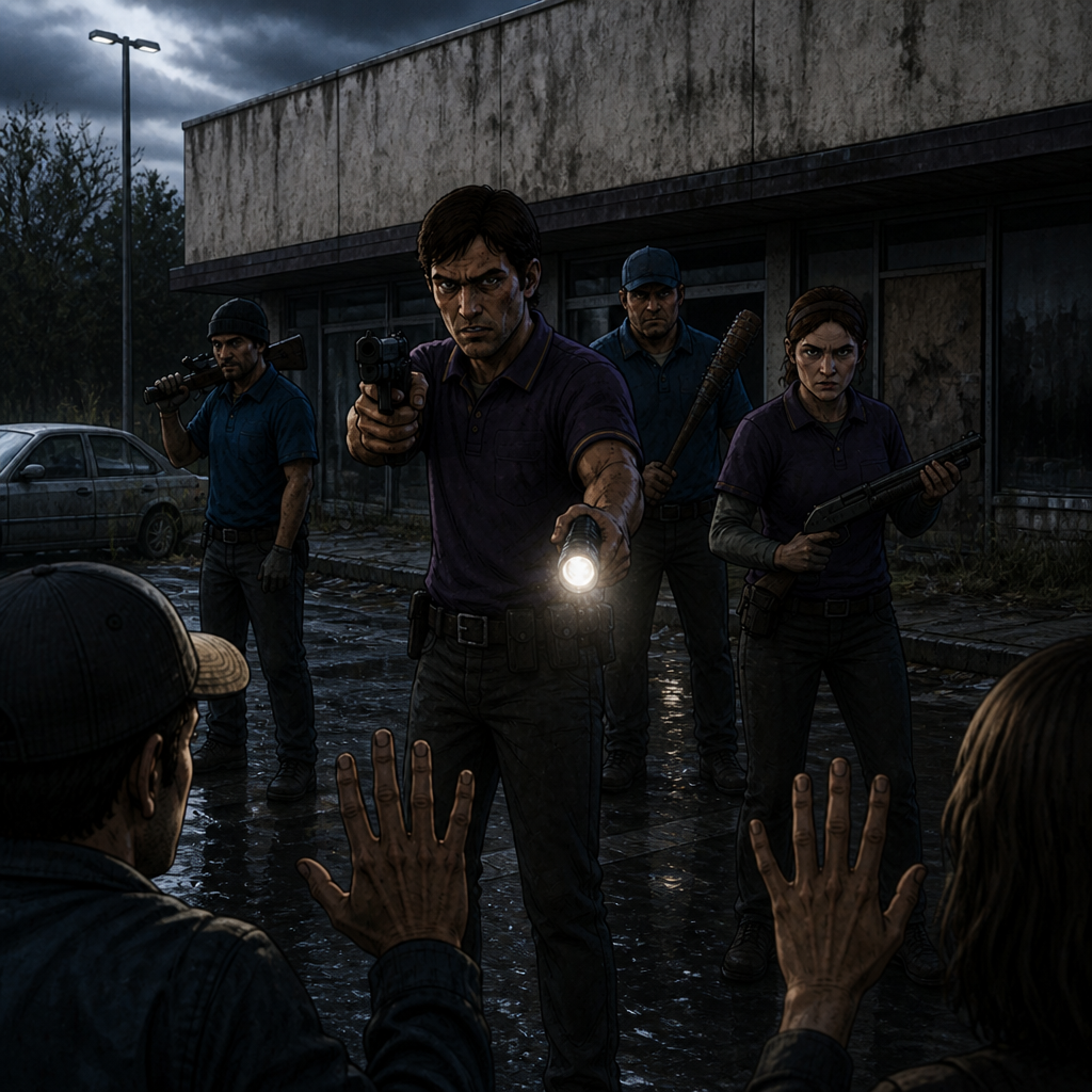 a group of people standing around a man holding a gun