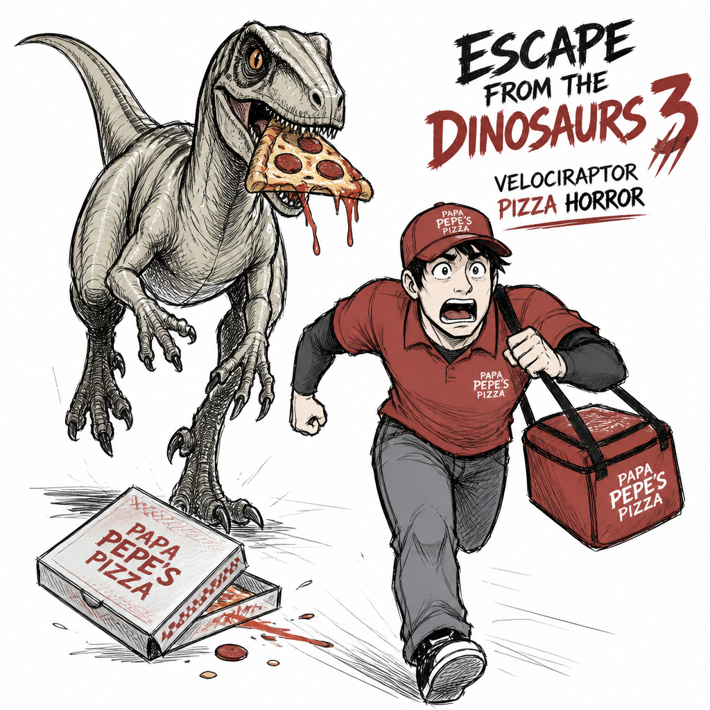 Escape From The Dinosaurs 3 Velociraptor Pizza Horror Fanart