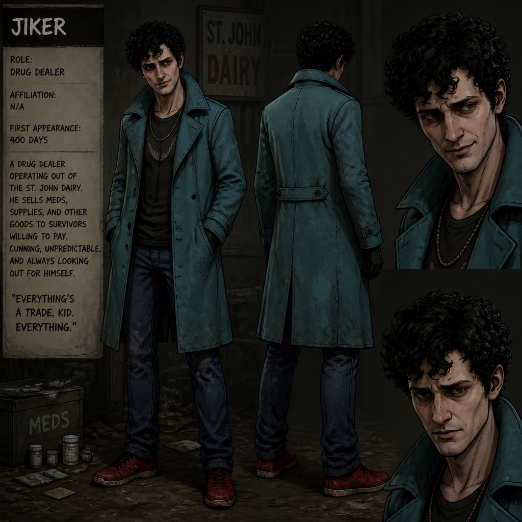 Jiker in the walking dead games he is drug dealer and he have black curly hair and pale skin and cyan trenchcoat and black gloves and blue pants and red shoes