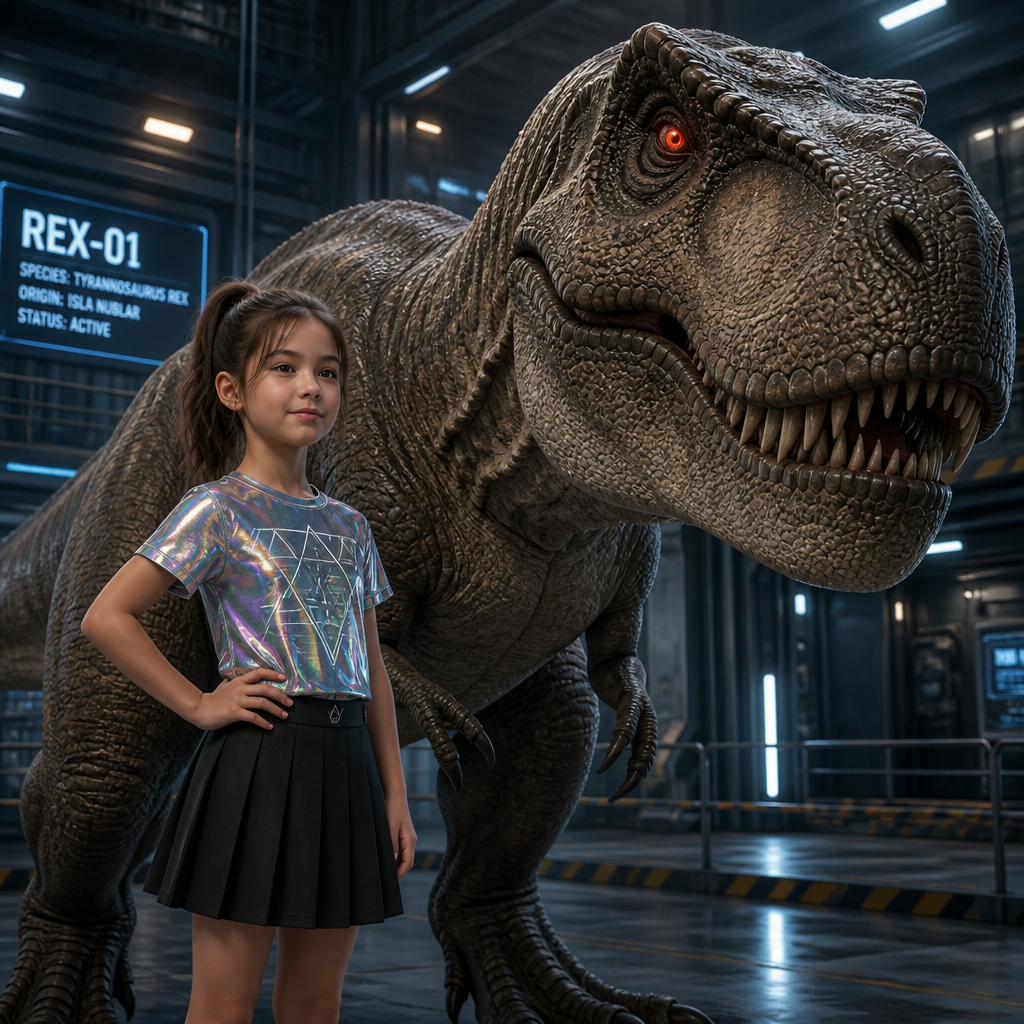 A 9 year old girl with a holographic shirt and a black skirt and a T-Rex