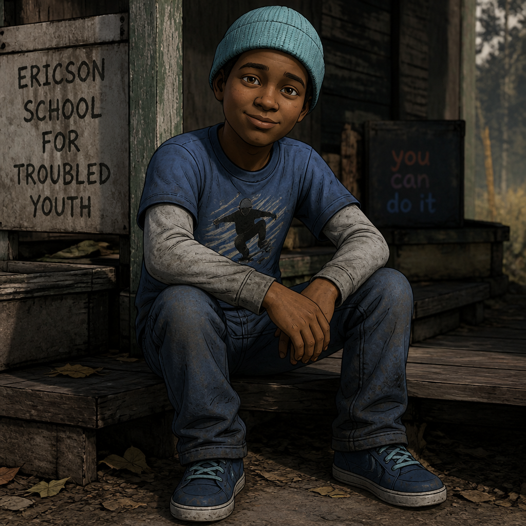 Fergus in the walking dead games he have cyan beanie and blue t-shirts with skater and gray sleeves and blue pants and blue shoes and he is. African American