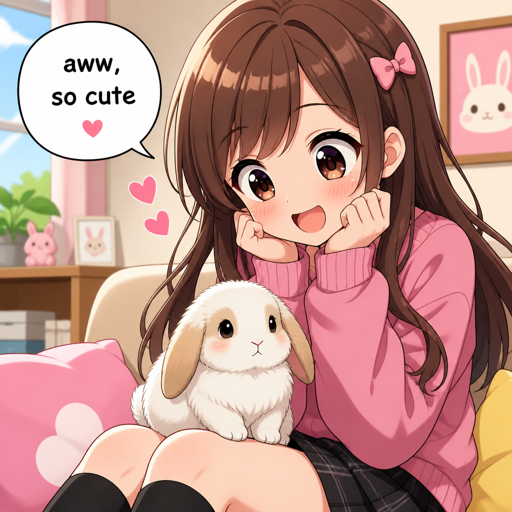 A cutie said “aww, so cute” and a bunny sits on her lap