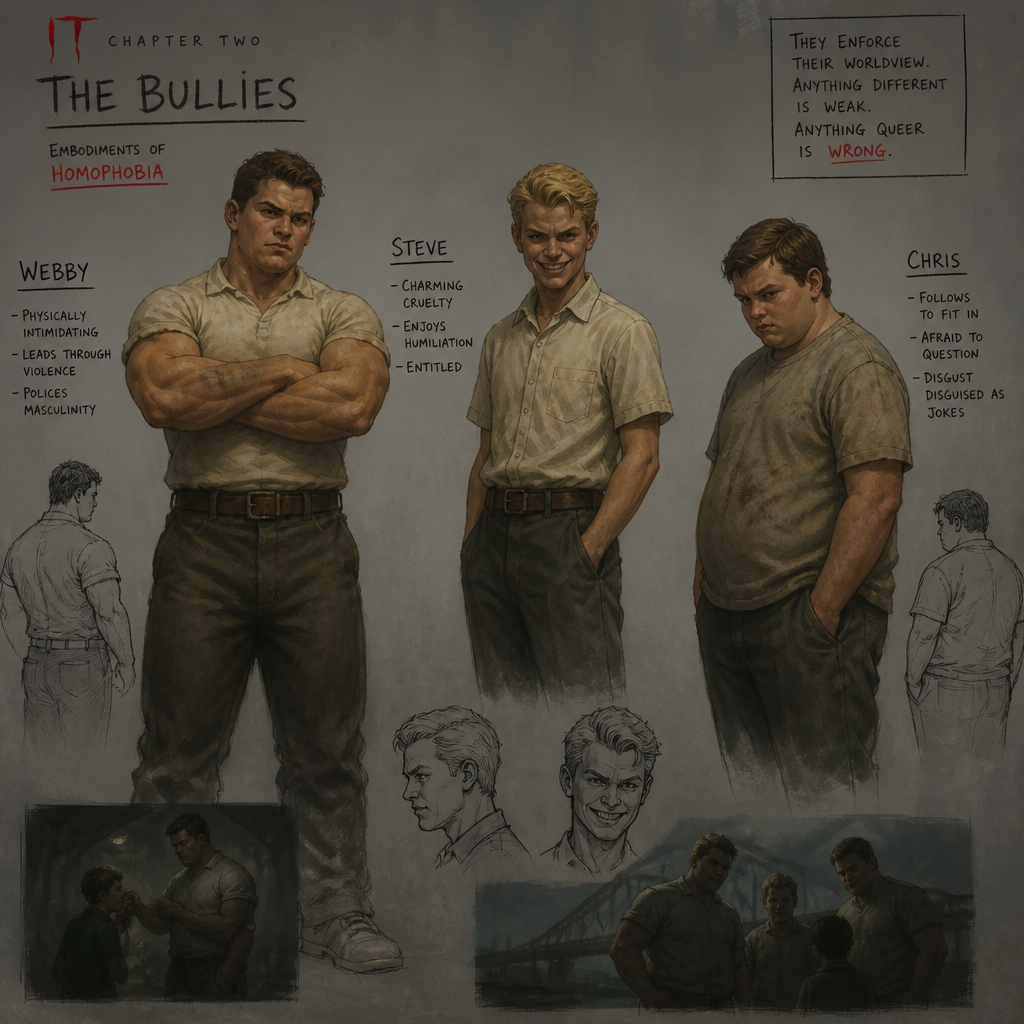 Webby garton and Steve dubay and Chris unwin from it chapter 2 them is homophobia bully and Webby he is buff and Steve have bloud hair with grin and Chris have Dusty t-shirts