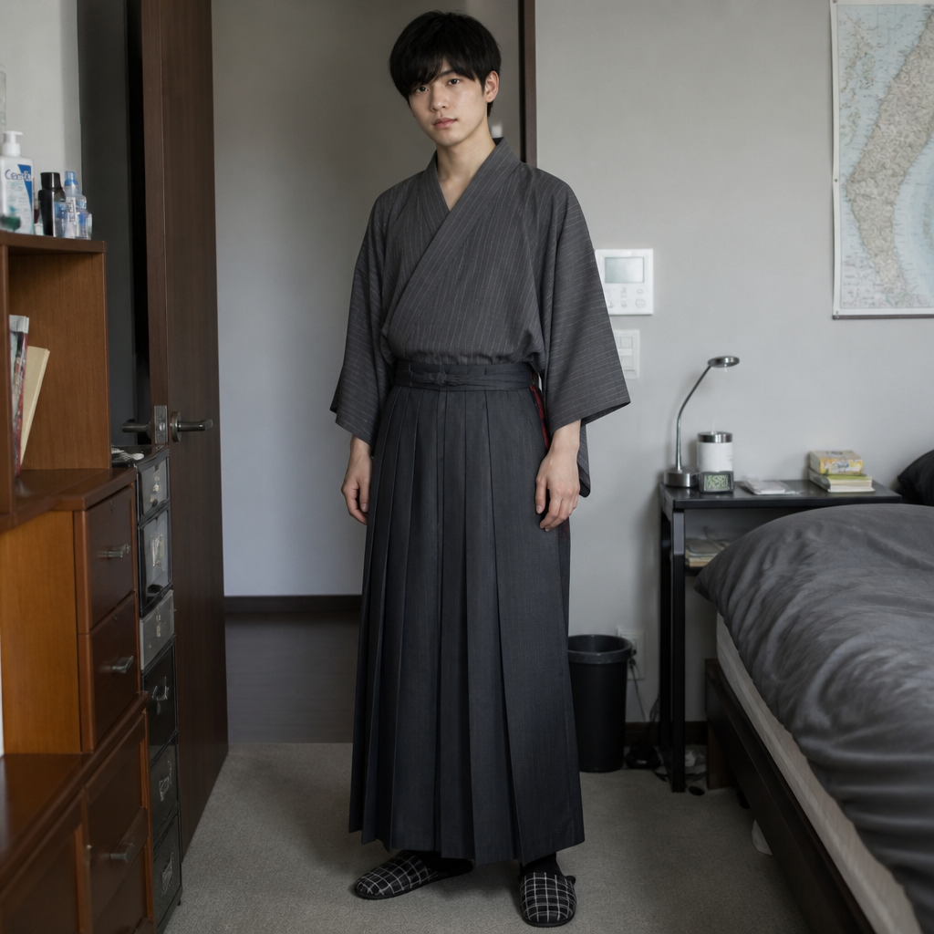 Boy 20 years old wears Japanese shirt and a Japanese long pleats skirt and wears shoes girl only in the house in Korea