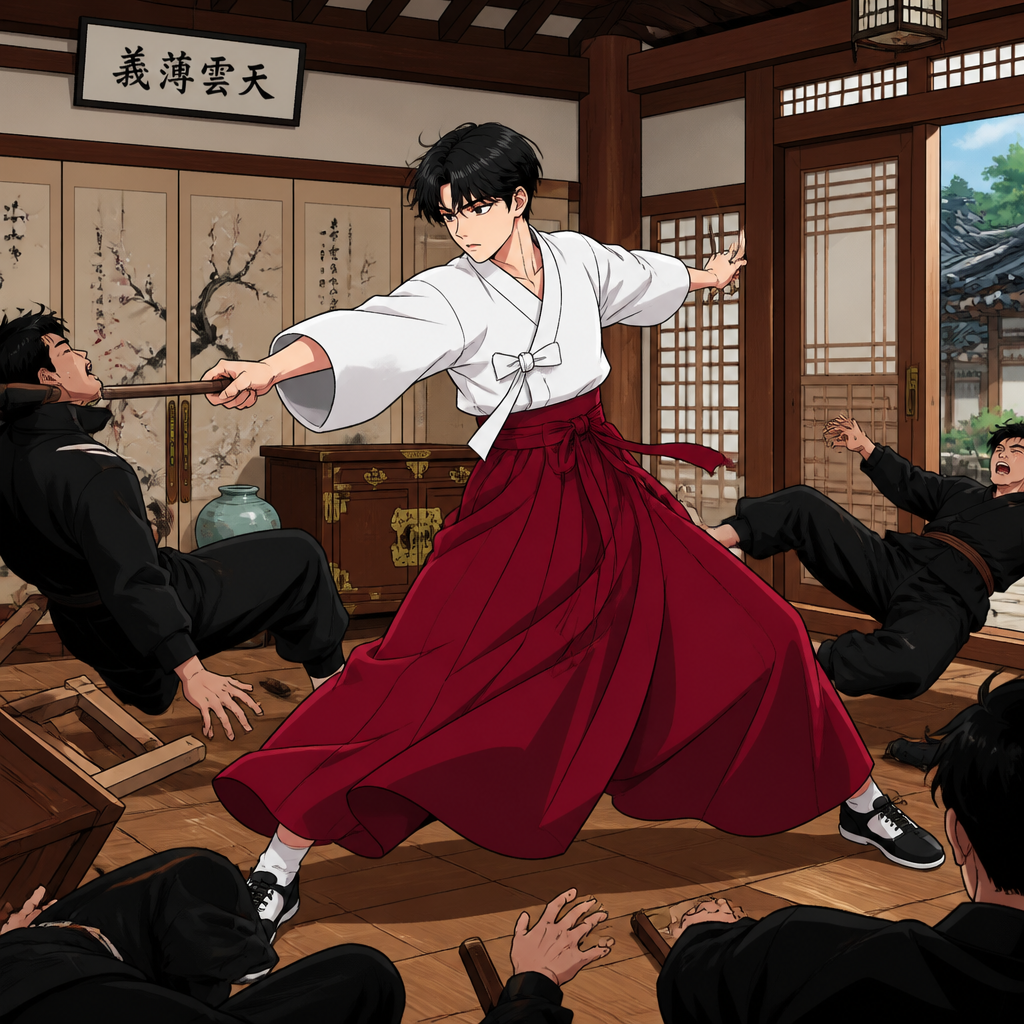 Boy 20 years old wears Japanese white shirt and a Japanese long pleats red skirt and wears shoes girl only fight in the house in Korea