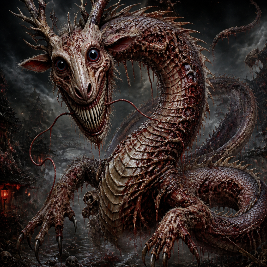 What’s about china dragon a Head & Neck: Camel-like head with a snake's neckFace: Stag horns, rabbit eyes, and cow earsBody & Limbs: Carp scales, a clam's belly, tiger paws, and eagle claws, imagine china dragon to be avatar of vengeance spirit of dead, appear be rot flesh body exposed and small details skeletons bone around serpent body. Also head of dragon be unnatural Guin smile look like absolutely terrifying and disturbing and eye was large black pupil and small red blood or blue eye.