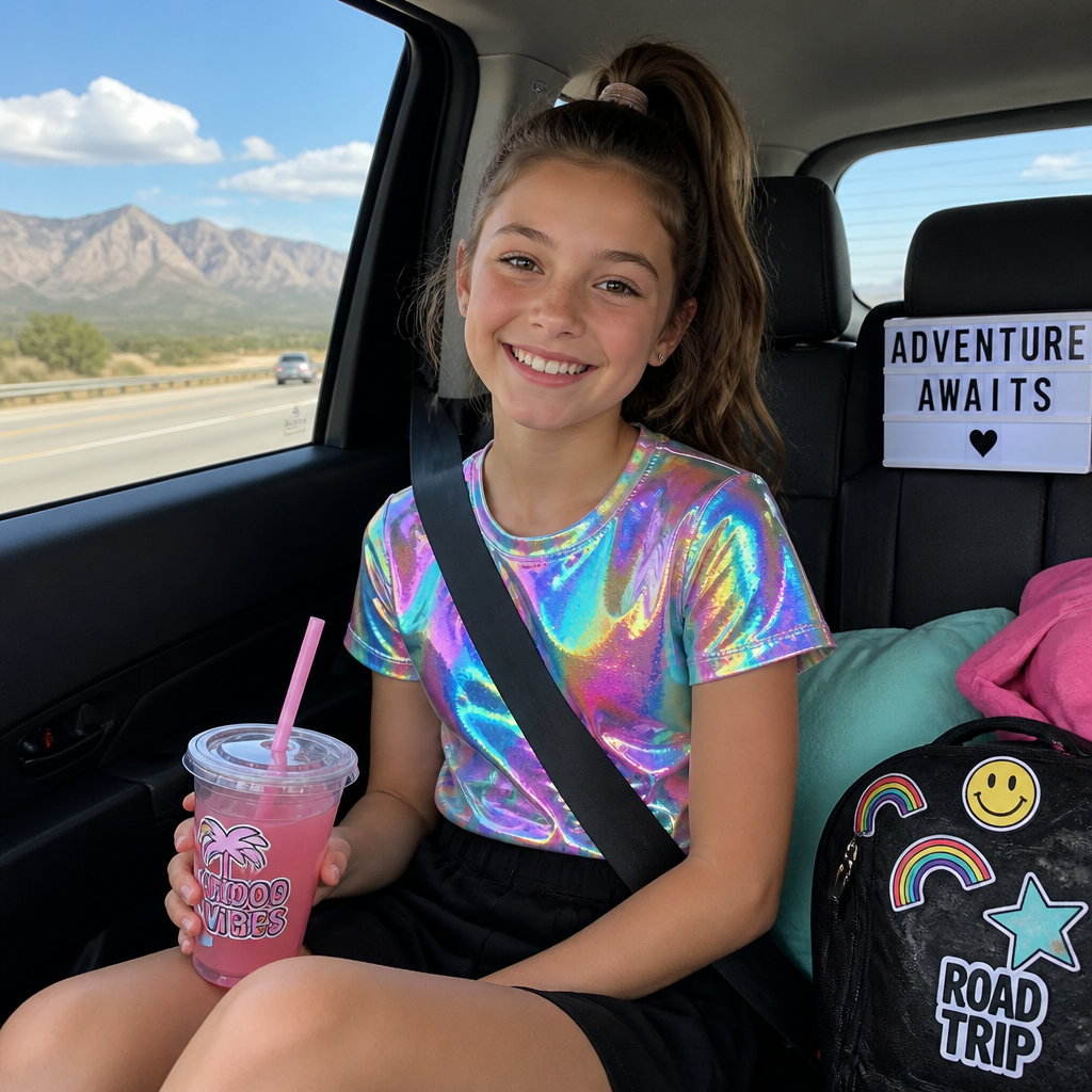 A 9 year old girl with a ponytail a holographic shirt and a normal black skirt going in a road trip