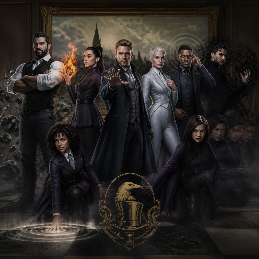 Je veux uen academy à la umbrella academy avec différentes personnes qui sont adultes une sorte d’equipe qui ont le meme uniforme ou du moin les meme couleur de vetement , jupe et pantalon ect , ils ont tous 30 ans d’abbord une femme noir cheveux long noir et violet , elle a le pouvoir de la gravitation blanche, elle. A un cole roulé noir. un homme blanc, cheveux noir, un peu bronzer en mode latino white qui contrôle le feu, un homme indien qui controle les pensées, une femme asiatique qui se multiplie, un homme blanc blond moustache , capable de devenir comme du diamond blance , ils sont tous elegant et classe, un homme metisse musclé et grand qui a une force surhumaineet un homme avec un air russe qui controle les ombres cheveux noir yeux claire et pas de barbe un peu maigre , une femme avec les cheveux, un peu bouclés avec une frange et elle est blanche un peu latina cheveux bouclés tombant avec des brunes et du le blond, les yeux clairs, mais le temps très bronzé, elle produit des ondes de choc hyper classe, hyper élégante et féminine je veux vraiment un style hyper Umbrella Academy, genre jupe, col, roulé, modèle entrant, mais chacun a son style, je fais un truc élégant, distingué et sombre, pas des matières flashy, comme du caoutchouc et je veux que les couleurs principales détenus soient gris, noir, blanc et u Ils ont tous une sorte de logos emblème à toi de choisir l’emblème, je voudrais bien que ce soit un mélange de deux objets ou d’un animal et d’un objet quelque chose d’élégant avec sur le côté du costume, certains ont un costard et d’autres je veux vraiment quelque chose de sombre, et ils sont tous assis sur un canapé dans le grand salon, certains sont debout et il y a un tableau derrière représentant l’embleme quelque chose de très victorien, la couleur de la famille et le et le vioel , un ambleme unique et prestigieux je veux qu’on voit leur pouvoirs en images comme si ils étaient en train de s’en servir à moitié pour l’ourse fais en sorte que seul une de ses mains se transforme pour l’instant. Respect bien la description