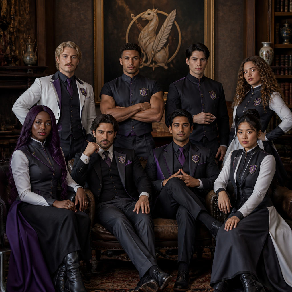 Je veux uen academy à la umbrella academy avec différentes personnes qui sont adultes une sorte d’equipe qui ont le meme uniforme ou du moin les meme couleur de vetement , jupe et pantalon ect , ils ont tous 30 ans d’abbord une femme noir cheveux long violet , elle a le pouvoir de la gravitation blanche, un homme blanc, cheveux noir, un peu bronzer en mode latino white qui contrôle le feu, un homme indien qui controle les pensées, une femme asiatique qui se multiplie, un homme blanc blond moustache , capable de devenir invisible et des champs de force, ils sont tous elegant et classe, un homme metisse musclé et grand qui a une force surhumaineet un homme avec un air russe qui controle la glace cheveux noir yeux claire et pas de barbe un peu maigre , une femme avec les cheveux, un peu bouclés, une frange et elle est blanche avec des brunes vers le blond, les yeux clairs, mais le temps très bronzé, hyper classe, hyper élégante et féminine je veux vraiment un style hyper Umbrella Academy, genre jupe, col, roulé, modèle entrant, mais chacun a son style, je fais un truc élégant, distingué et sombre, pas des matières flashy, comme du caoutchouc et je veux que les couleurs principales détenus soient gris, noir, blanc et u Ils ont tous une sorte de logos emblème à toi de choisir l’emblème, je voudrais bien que ce soit un mélange de deux objets ou d’un animal et d’un objet quelque chose d’élégant avec sur le côté du costume, certains ont un costard et d’autres je veux vraiment quelque chose de sombre, et ils sont tous assis sur un canapé dans le grand salon, certains sont debout et il y a un tableau derrière représentant l’embleme quelque chose de très victorien, la couleur de la famille et le et le vioel , un ambleme unique et prestigieux