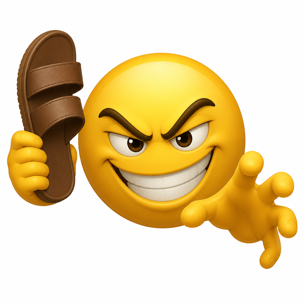 Crée-moi un emoji qui tient une sandales dans sa main et l’autre main, essaye de nous attraper, genre dans le vide, mais avec un sourire hyper sadique, style des emojis d’iPhone.
Genre quelque chose de drôle