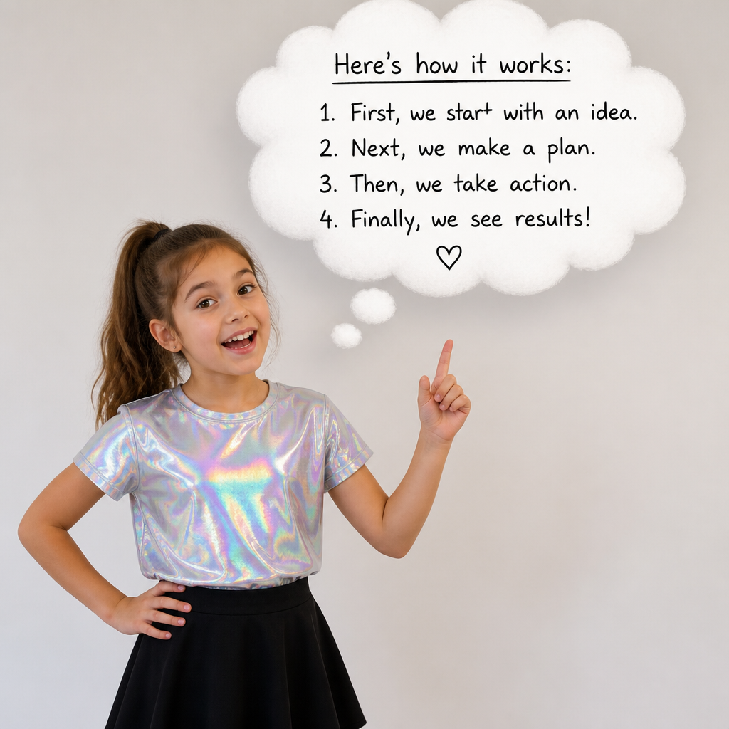 A 9 year old girl with a ponytail a holographic shirt and a normal black skirt explaining to you about something in a thinking cloud with words
