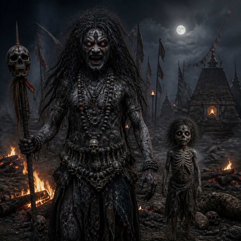 In Nepali folklore, a Masan (derived from the Sanskrit shmashana, meaning cremation ground) does not have one fixed "true" form, but is most universally recognized in its raw state as a fearsome, ash-covered demonic entity or a charred, skeletal child ghost