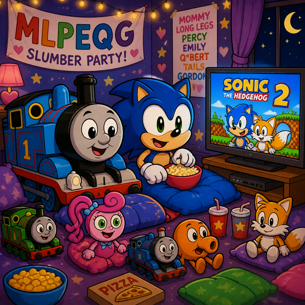 Thomas the Tank Engine and sonic the hedgehog are at the mlp eqg slumber party are watching sonic the hedgehog 2 movie on TV