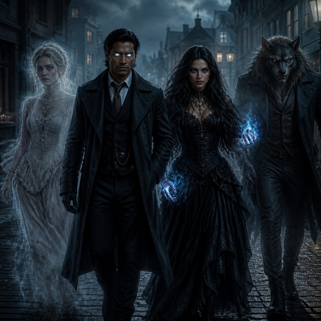 Une equipe a la dead boy détective avec un homme medium les yeyx integralement blanc le teint caramel , une femme sorcière , pouvoir bleu dans les mains magnifique cheveux noir volumineuse ondulé et lisse cheveux long tres dentelle noir goth et 1 fantome femme blond tres classe viectorian et sexy homme loup garou un peu dans une mini ville