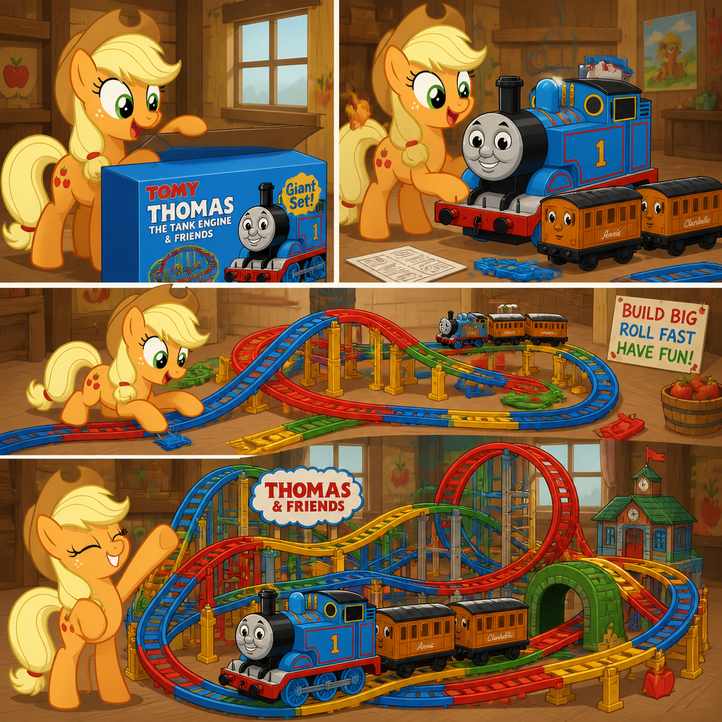 Applejack from My Little Pony is unboxing the giant tomy Thomas the Tank Engine with Annie and Clarabelle toy and she finish building The giant toy tomy roller coaster tracks