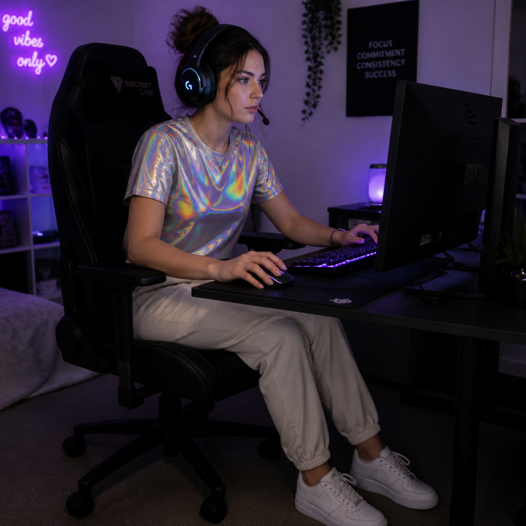 A 20 year old girl with a rainbow holographic shirt and normal pants and normal shoes gaming