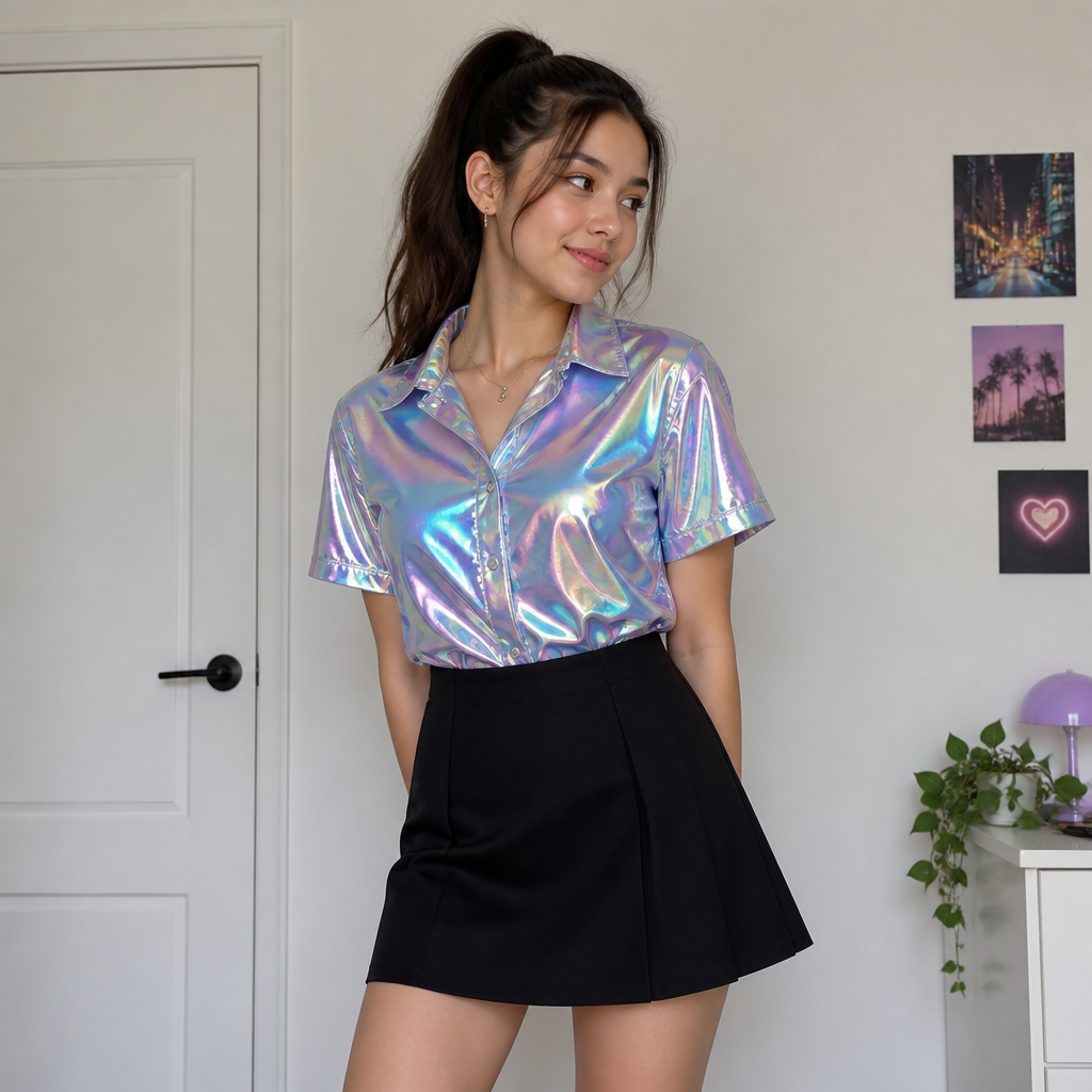 A girl with a ponytail a holographic shirt and a normal skirt
