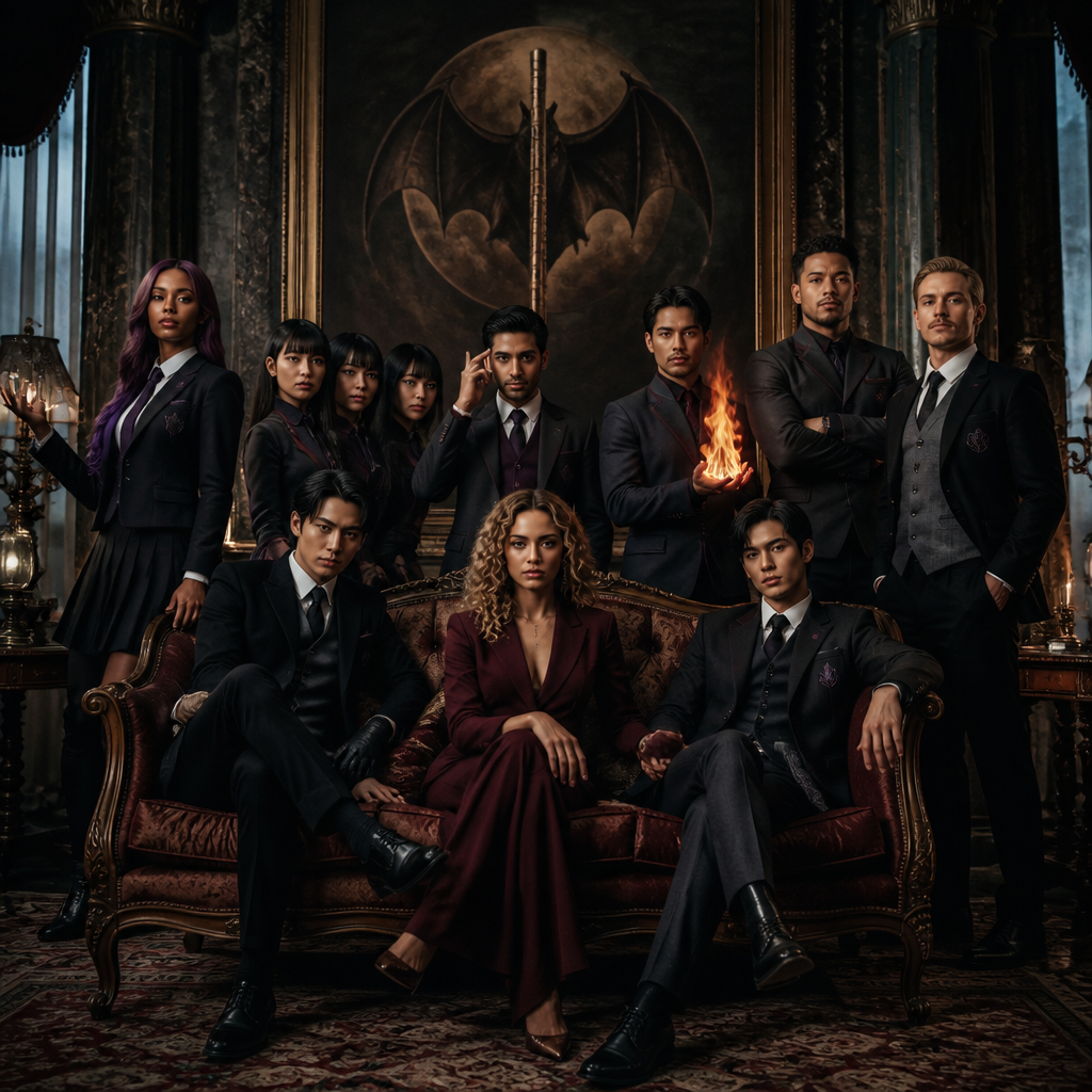 Je veux uen academy à la umbrella academy avec différentes personnes qui sont adultes une sorte d’equipe qui ont le meme uniforme ou du moin les meme couleur de vetement , jupe et pantalon ect , ils ont tous 30 ans d’abbord une femme noir cheveux long violet , elle a le pouvoir de la gravitation blanche, un homme blanc, cheveux noir, un peu bronzer en mode latino white qui contrôle le feu, un homme indien qui controle les pensées, une femme asiatique qui se multiplie, un homme blanc blond moustache , capable de devenir invisible et des champs de force, ils sont tous elegant et classe, un homme metisse musclé et grand qui a une force surhumaineet un homme avec un air russe qui controle la glace cheveux noir yeux claire et pas de barbe un peu maigre , une femme avec les cheveux, un peu bouclés, une frange et elle est blanche avec des brunes vers le blond, les yeux clairs, mais le temps très bronzé, hyper classe, hyper élégante et féminine je veux vraiment un style hyper Umbrella Academy, genre jupe, col, roulé, modèle entrant, mais chacun a son style, je fais un truc élégant, distingué et sombre, pas des matières flashy, comme du caoutchouc et je veux que les couleurs principales détenus soient gris, noir, blanc et u Ils ont tous une sorte de logos emblème à toi de choisir l’emblème, je voudrais bien que ce soit un mélange de deux objets ou d’un animal et d’un objet quelque chose d’élégant avec sur le côté du costume, certains ont un costard et d’autres non ça serait pas mal un logo avec une chauve-souris un instrument de musique, ancien, genre une flûte et , je veux vraiment quelque chose de sombre, et ils sont tous assis sur un canapé dans le grand salon, certains sont debout et il y a un tableau derrière représentant l’embleme quelque chose de très victorien, la couleur de la famille et le bordeau et le vioel , un ambleme unique et prestigieux