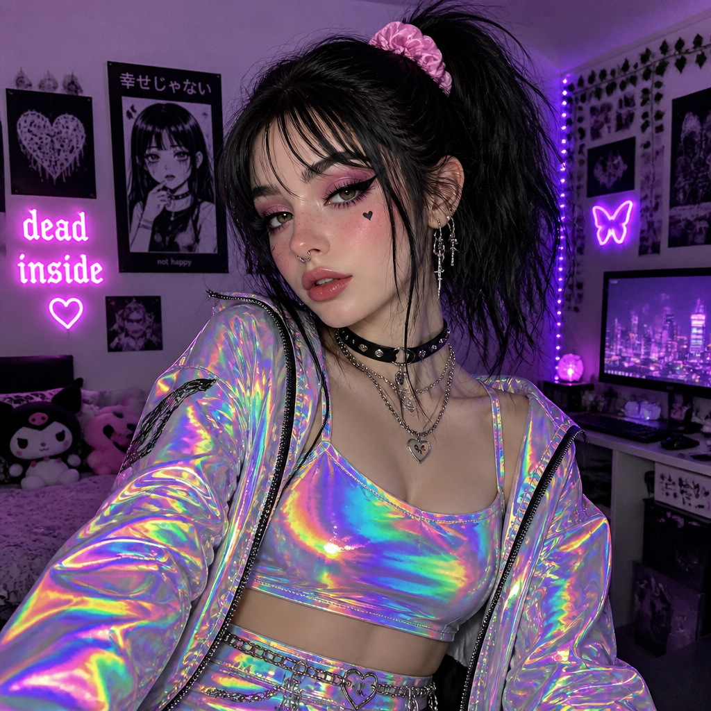 e girl with a ponytail with holographic clothes