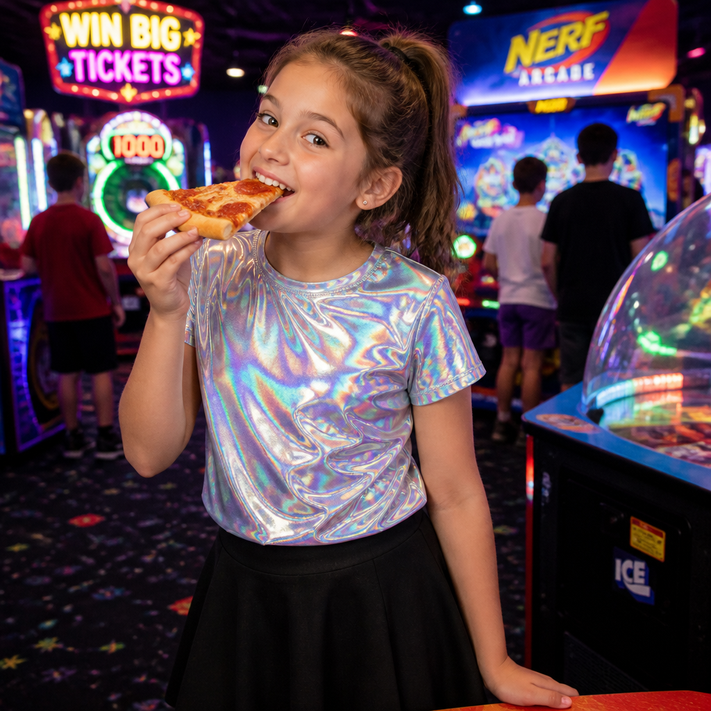 A 9 year old girl with a ponytail a holographic shirt and a normal black skirt eating in a arcade