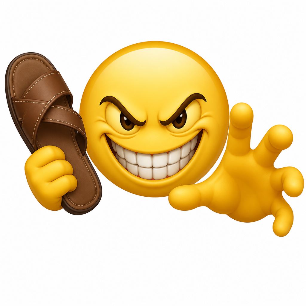 Crée-moi un emoji qui tient une sandales dans sa main et l’autre main, essaye de nous attraper, genre dans le vide, mais avec un sourire hyper sadique, style des emojis d’iPhone.
Genre quelque chose de drôle j’ai un peu plus simple, genre vraiment dans le style de l’iPhone