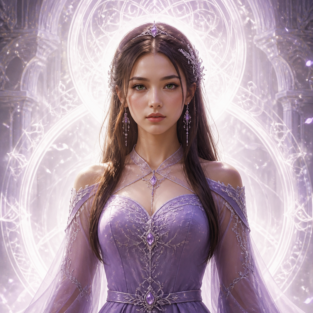 Half white half Asian princess, dark green eyes, straight brown hair, medium skin, lavender dress, white background, soft features, dress not moving, white background, smaller eyes