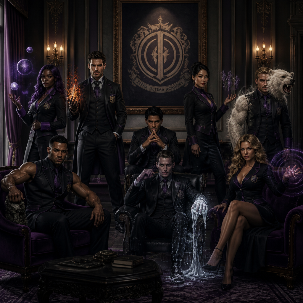 Je veux uen academy à la umbrella academy avec différentes personnes qui sont adultes une sorte d’equipe qui ont le meme uniforme ou du moin les meme couleur de vetement , jupe et pantalon ect , ils ont tous 30 ans d’abbord une femme noir cheveux long violet , elle a le pouvoir de la gravitation blanche, un homme blanc, cheveux noir, un peu bronzer en mode latino white qui contrôle le feu, un homme indien qui controle les pensées, une femme asiatique qui se multiplie, un homme blanc blond moustache , capable de devenir un ourse blanc , ils sont tous elegant et classe, un homme metisse musclé et grand qui a une force surhumaineet un homme avec un air russe qui controle la glace cheveux noir yeux claire et pas de barbe un peu maigre , une femme avec les cheveux, un peu bouclés, une frange et elle est blanche avec des brunes vers le blond, les yeux clairs, mais le temps très bronzé, elle produit des obdes de choc hyper classe, hyper élégante et féminine je veux vraiment un style hyper Umbrella Academy, genre jupe, col, roulé, modèle entrant, mais chacun a son style, je fais un truc élégant, distingué et sombre, pas des matières flashy, comme du caoutchouc et je veux que les couleurs principales détenus soient gris, noir, blanc et u Ils ont tous une sorte de logos emblème à toi de choisir l’emblème, je voudrais bien que ce soit un mélange de deux objets ou d’un animal et d’un objet quelque chose d’élégant avec sur le côté du costume, certains ont un costard et d’autres je veux vraiment quelque chose de sombre, et ils sont tous assis sur un canapé dans le grand salon, certains sont debout et il y a un tableau derrière représentant l’embleme quelque chose de très victorien, la couleur de la famille et le et le vioel , un ambleme unique et prestigieux je veux qu’on voit leur pouvoirs en images comme si ils étaient en train de s’en servir à moitié pour l’ourse fais en sorte que seul une de ses mains se transforme pour l’instant.