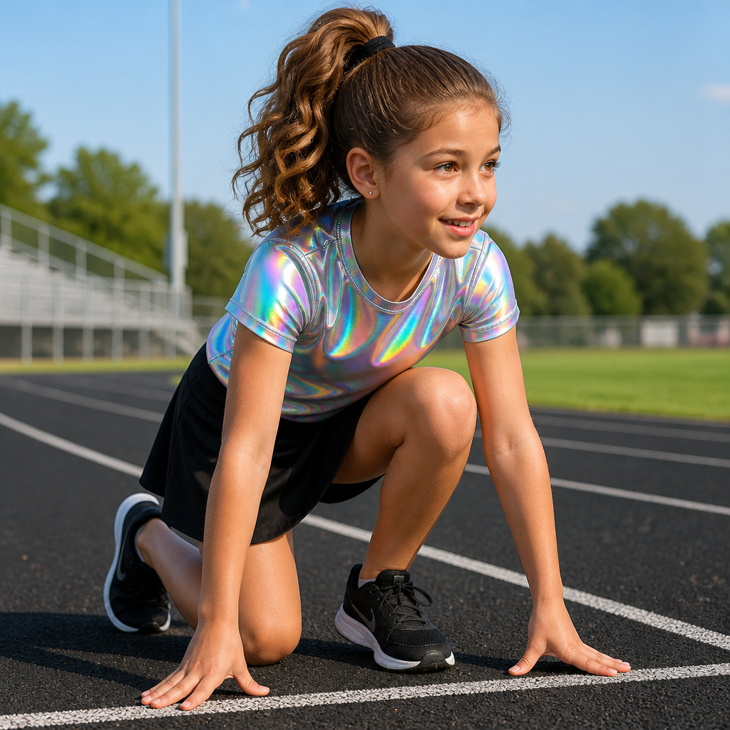 A 9 year old girl with a ponytail a holographic shirt and a normal black skirt practicing to run