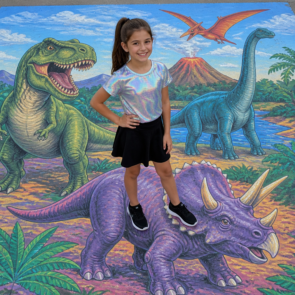 A 9 year old girl with a ponytail with a holographic shirt and a normal black skirt standing on a dinosaur mural