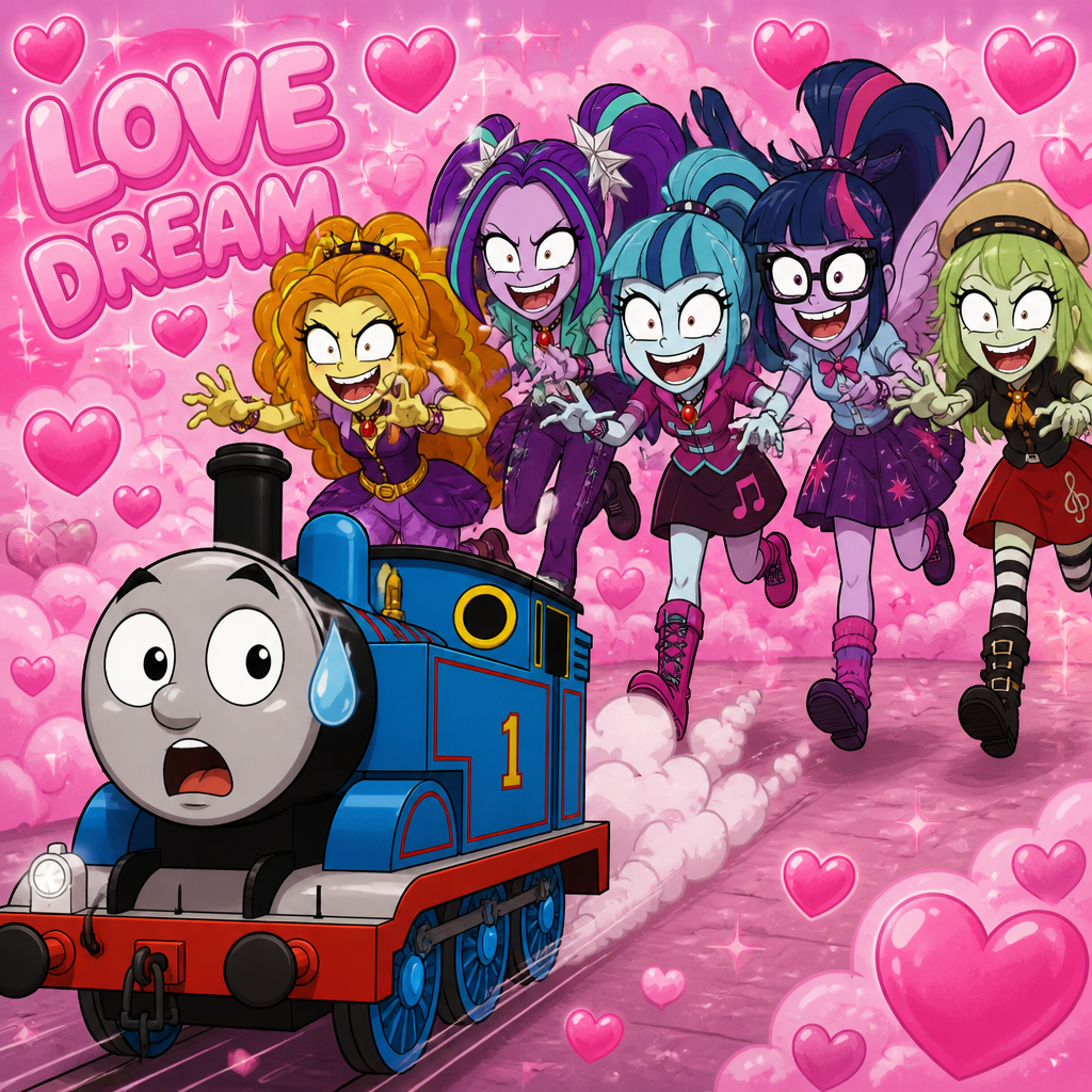Thomas was shocked because he was Chase by crazy fan my Little Pony Equestria, girls, characters, villains, girls are adagio aria sonata midnight sparkle and juniper montage on the Love Dream background