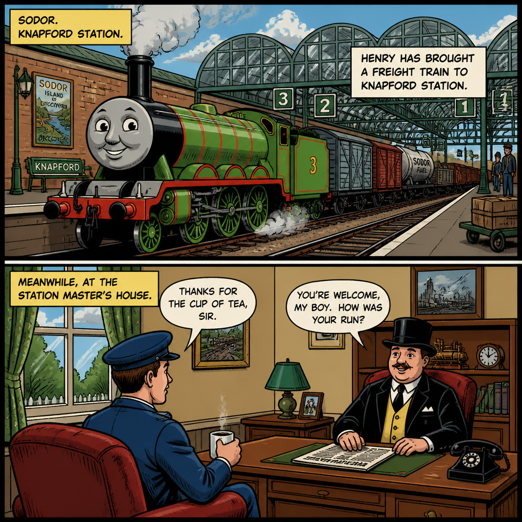 Picture one Henry the green engine with a number three on his tender with his freight cars behind him stop at the station picture 2 his driver is out of his cab and went inside the station master house to have coffee picture three the monkeys went inside of Henry’s cab picture four inside of Henry’s cab the baby monkey push the lever picture five Henry starts to go pulling his freight cars picture six Henry was pulling his fright cars down the hill pictures seven Henry and his freight cars derailed off the tracks his load fell onto the ground Sodor version