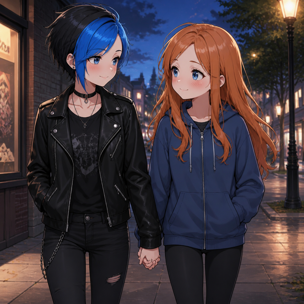 A 13 year old girl who’s got a short side part with the front bit dyed electric blue wearing a black leather jacket and black jeans holding a girl with long ginger hair and wearing a blue zipped up hoodie and leggings hand