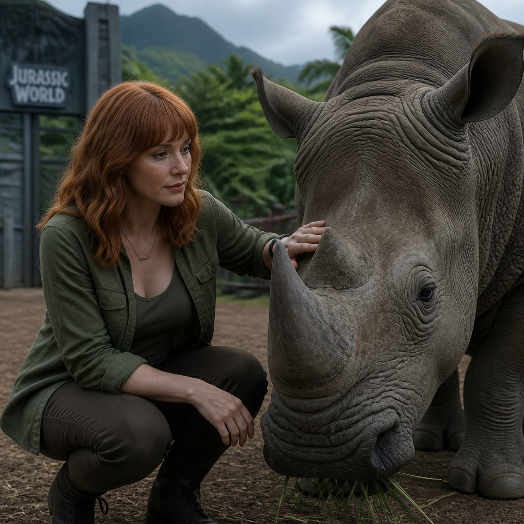 Claire From Jurassic World 2018 and a Rhinoceros
