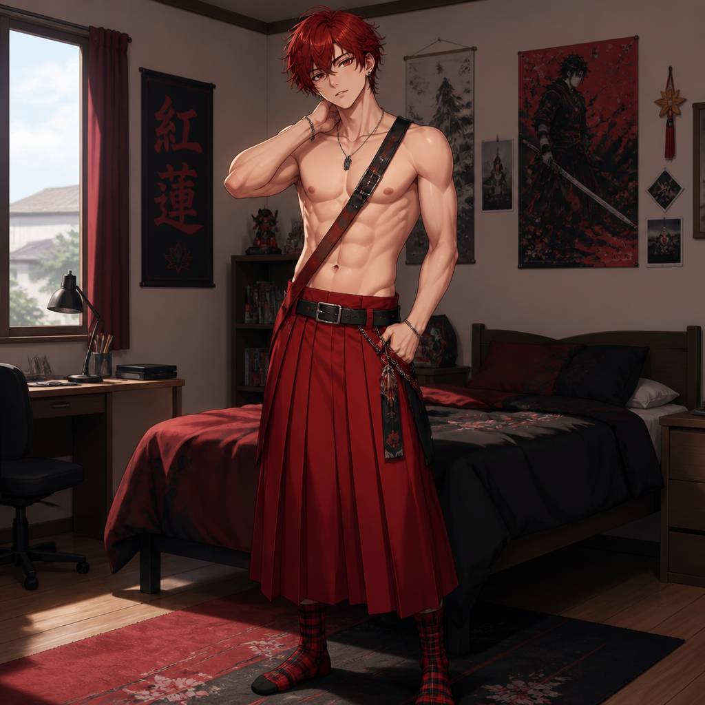 Man 20 years old no a shirt, wears a belt (diagonal), a belt (landscape), a skirt boxing long red pleated Japanese and red plaid socks only, in the bedroom in a house
