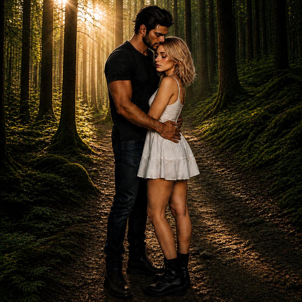 a man and a woman standing in a forest