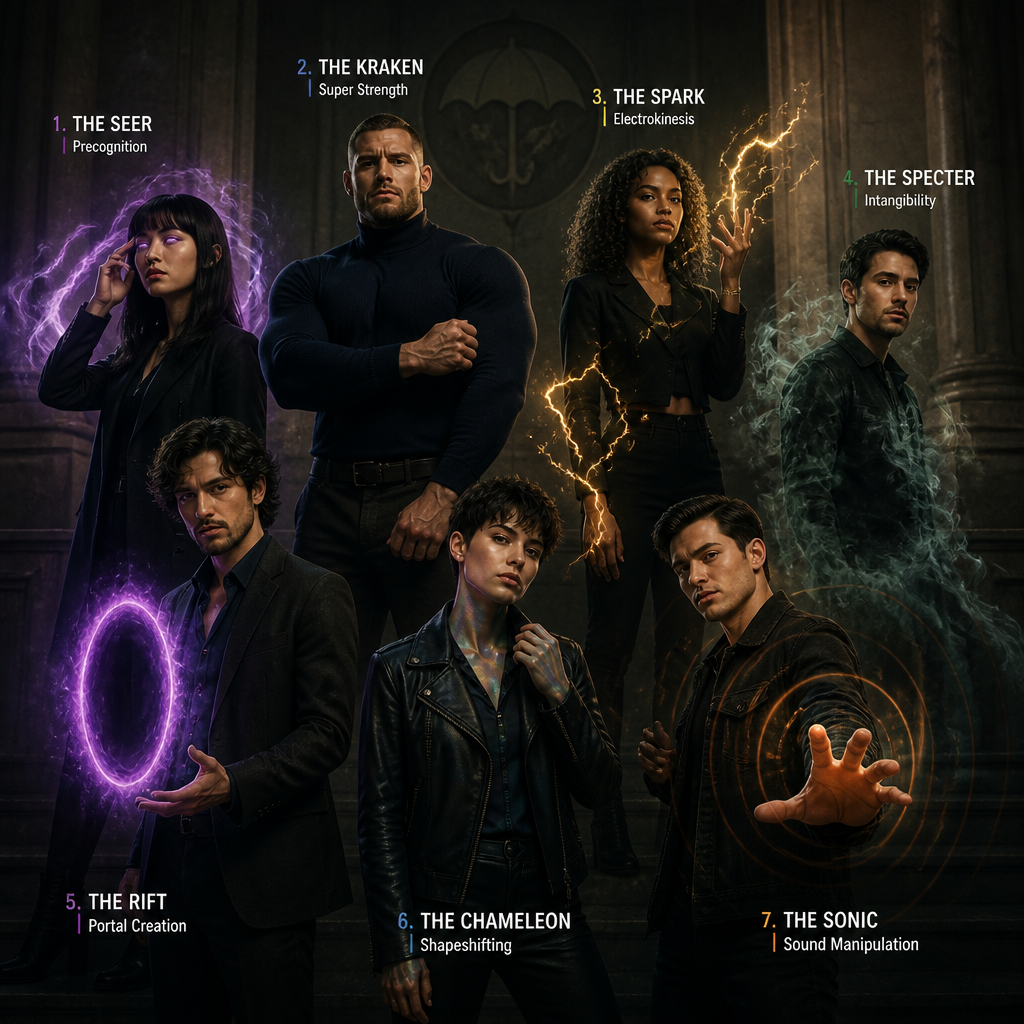 Fais-moi une équipe de sept personnes un peu comme la umbrella academy , mais cette fois je veux une équipe, genre avec des super pouvoirs différents, ils sont adultes